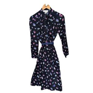 Vintage Jonathan Logan Navy Floral Belted Midi Dress -Size 6